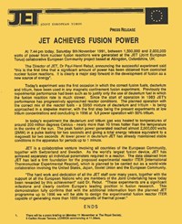 The historical November 1991 press release. JET director Paul-Henri Rebut was quoted as saying: ''This demonstration fully confirms that [...] we will be able to design the experimental fusion reactor ITER.'' (Click to view larger version...)